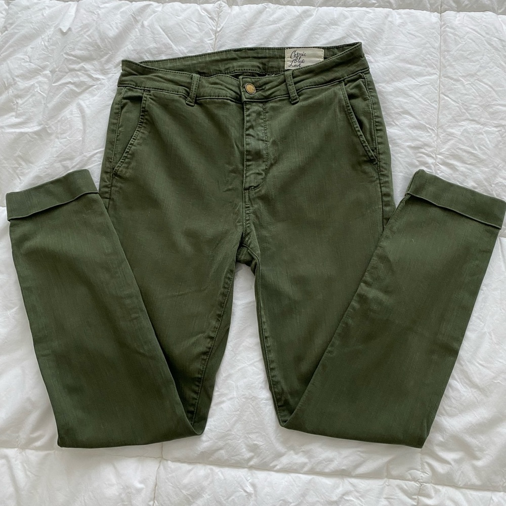 Cosmic Blue Love slim leg denim trousers, women’s size 28/6, olive green, crop